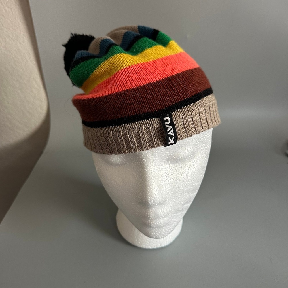 KAVU Striped Pom Beanie Merino Wool Blend Multi Color Knit Winter Hat